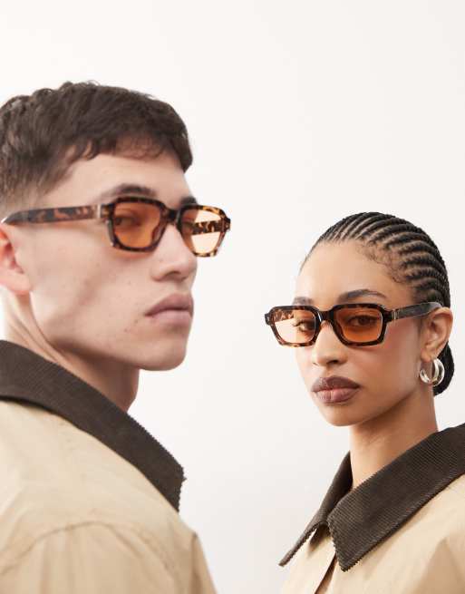 Gafas de sol efecto carey unisex con montura rectangular estilo años 70 de Reclaimed Vintage , 3 de 3