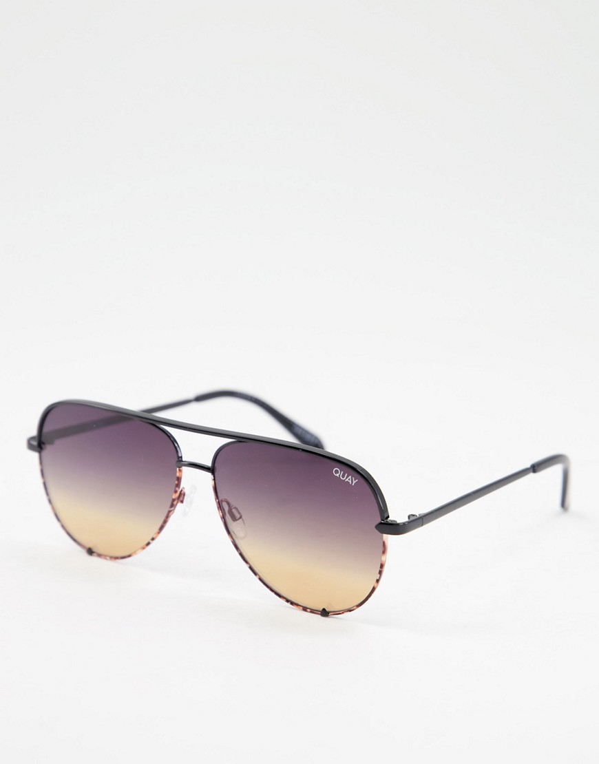 gafas de sol estilo aviador con montura negra carey y lentes doradas key de quay high-negro