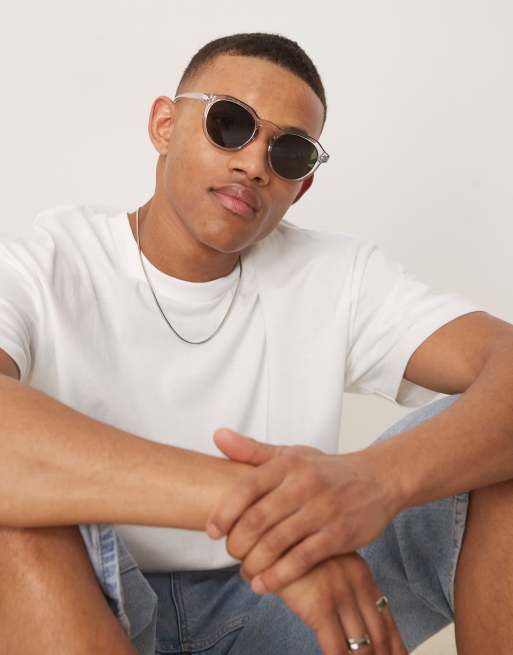 Gafas de sol gris cristalino redondas con lentes verdes ahumadas de ASOS DESIGN