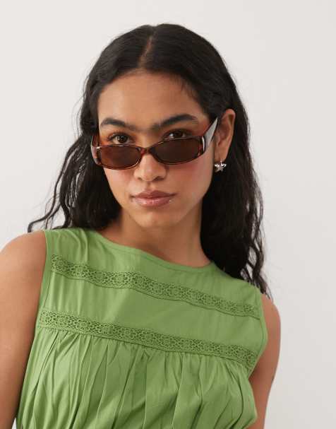 Gafas de sol marrón efecto carey estrechas con montura rectangular envolvente de Reclaimed Vintage - view 1