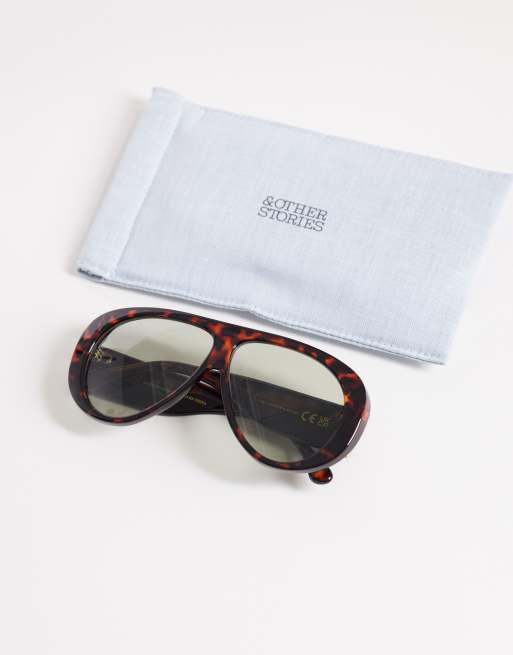 Gafas de sol marrón efecto carey redondeadas de estilo aviador con funda de lino de & Other Stories, 3 de 3
