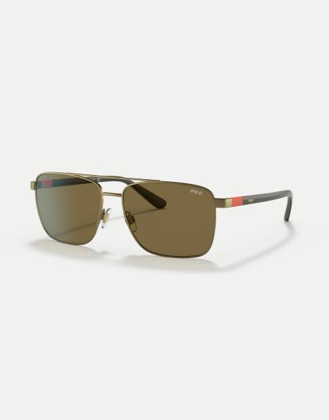 Gafas de sol marrón latón semibrillante con montura rectangular y lentes verdes de Polo Ralph Lauren - view 1