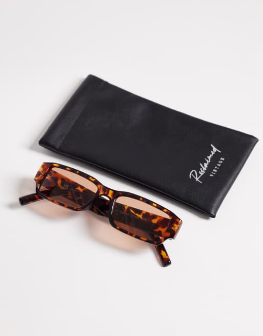 Gafas de sol marrón oscuro efecto carey cuadradas con lentes marrón claro de Reclaimed Vintage, 3 de 3