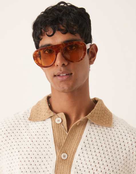 Gafas de sol marrones efecto carey de estilo aviador con montura gruesa y lentes ámbar de ASOS DESIGN - view 1