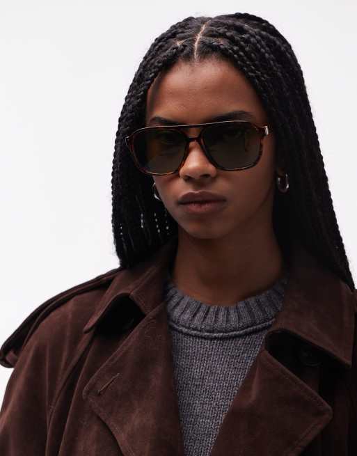 Gafas de sol marrones efecto carey de estilo aviador retro con lentes verde oscuro de & Other Stories, 2 de 3