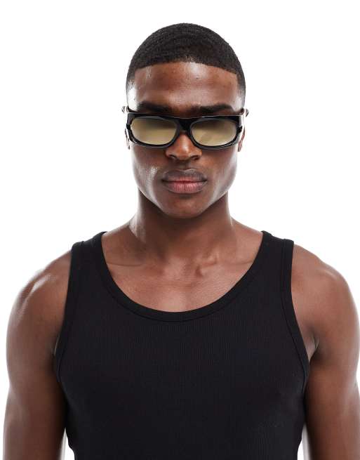 Gafas de sol negras de estilo deportivo envolvente con lentes marrones para festivales de ASOS DESIGN