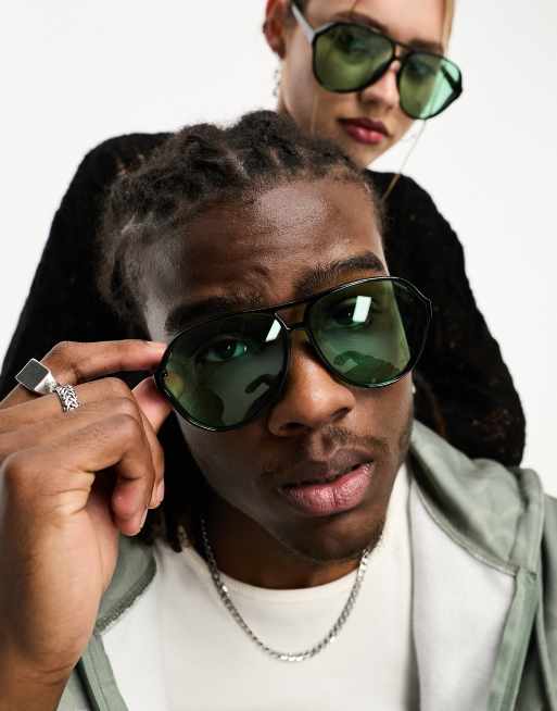 Gafas de sol negras estilo aviador con lentes verdes de AJ Morgan 
