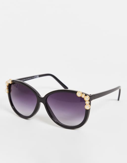 Gafas de sol negras redondeadas extragrandes con adornos de perlas de SVNX