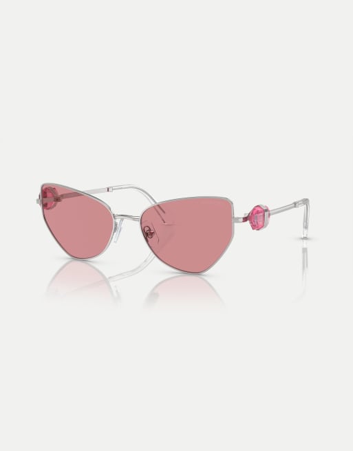 Gafas de sol plateadas con montura irregular y lentes rosas de Swarovski, 3 de 4
