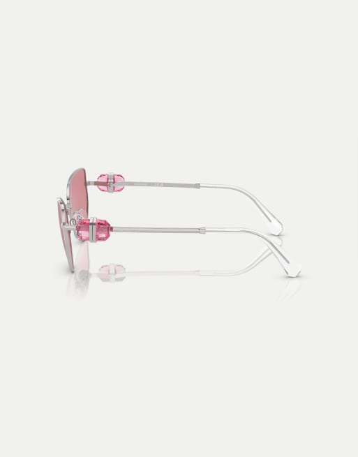 Gafas de sol plateadas con montura irregular y lentes rosas de Swarovski, 4 de 4