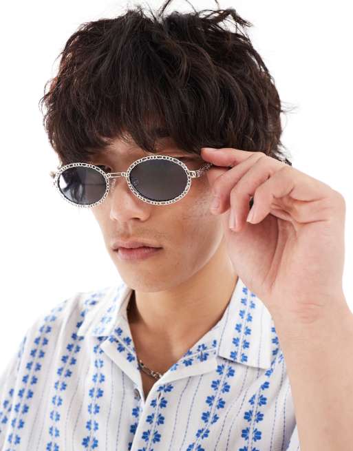 Gafas de sol plateadas con montura ovalada efecto cadena de estilo años 90 de ASOS DESIGN, 2 de 4