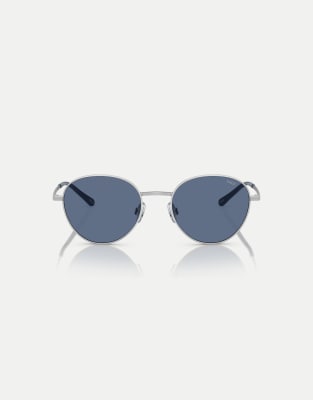 Gafas de sol plateado semibrillante redondeadas con lentes azules ...