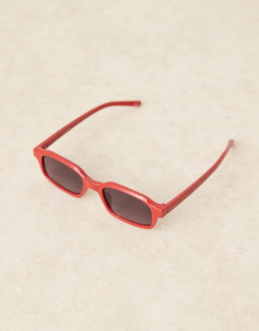 Gafas De Sol Rectangulares Clásicas Negras Con Lentes Rojas - Estilo Estrecho, Protección UV400