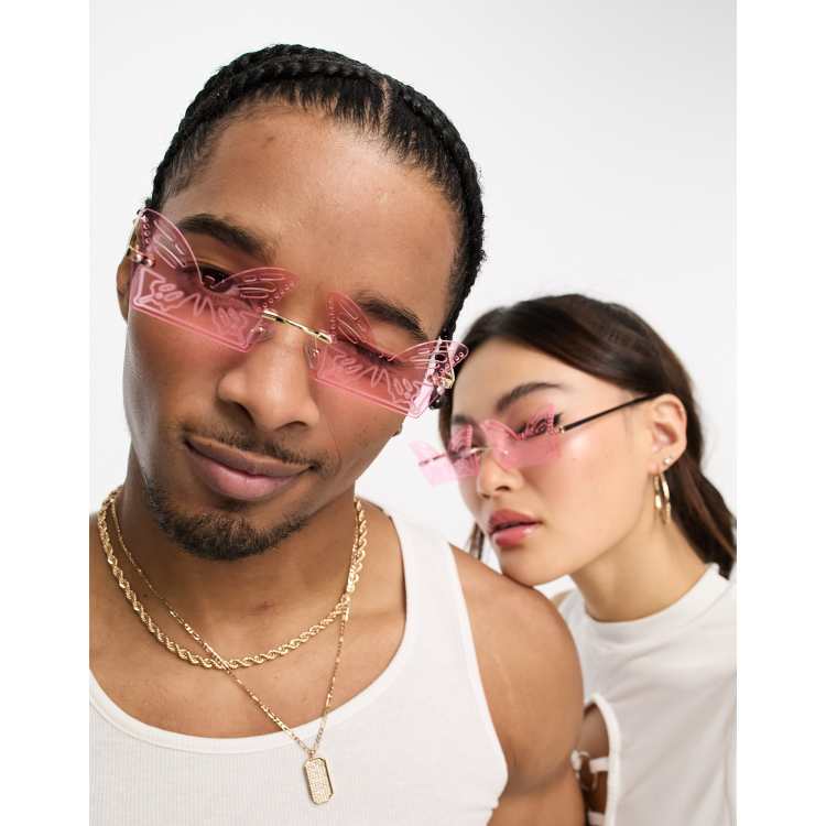 Gafas de sol rosas con lentes en forma de mariposa con relieve de