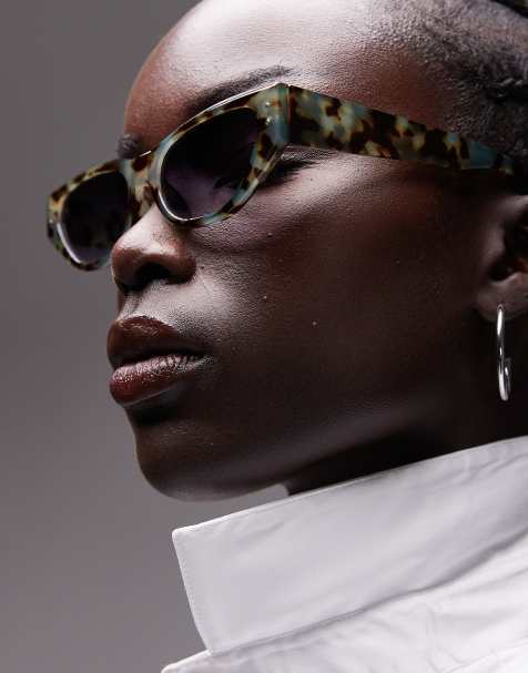 Gafas de sol verdes efecto carey estilo ojos de gato con montura estrecha en ángulo Bali de Topshop - view 1