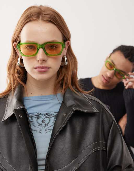 Gafas de sol verdes unisex con montura rectangular de estilo años 70 de Reclaimed Vintage 