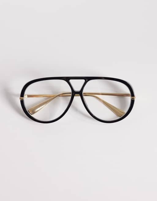 Gafas negras y doradas de estilo aviador extragrandes con lentes transparentes exclusivas de Kaiia, 3 de 3