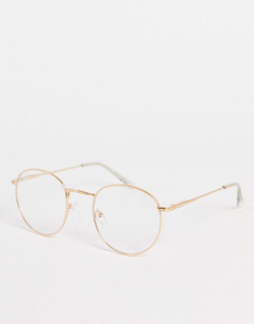 Gafas transparentes redondas retro con montura metálica dorada de ASOS  DESIGN