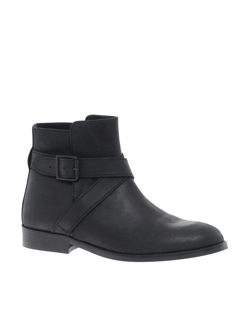 Ganni Leather Flat Ankle Boot with Straps