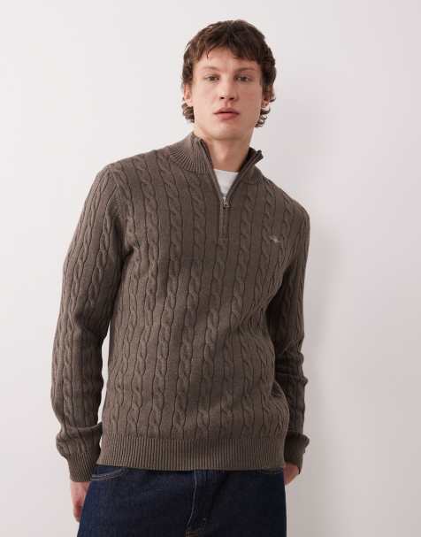 Gant 100% cotton 3/4 zip up jumper in brown cable knit - view 1