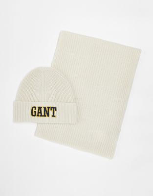 Gant GANT 1949 logo knit beanie and scarf gift set in cream-White