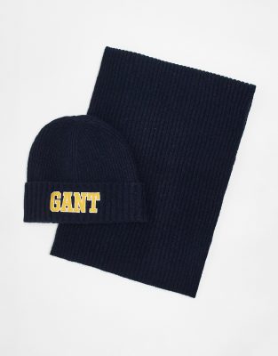 Gant GANT 1949 logo knit beanie and scarf gift set in navy