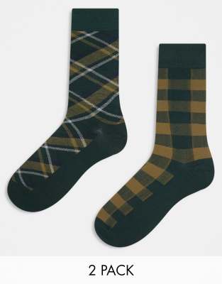 GANT 2 pack shield logo tartan socks gift set in green