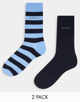 Gant 2 pack socks in blue stripe with logo