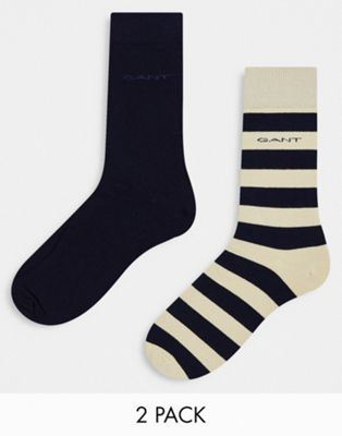 GANT 2 pack stripe socks in black/cream with logo