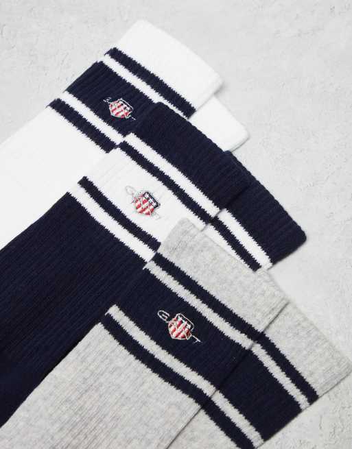 GANT 3 pack sport socks with shield logo in white grey navy | ASOS