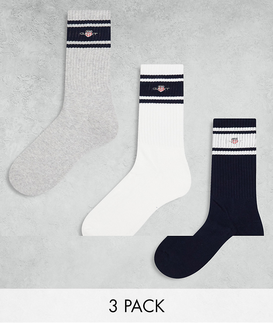 GANT 3 pack sport socks with shield logo in white grey navy