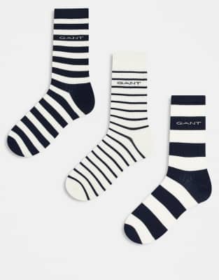 GANT 3 pack striped sports socks with logo in navy