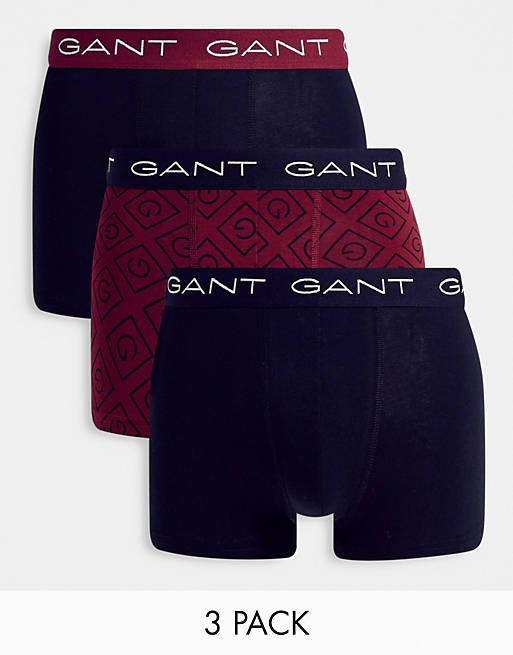  GANT 3 pack trunks in burgundy/black with all over logo 