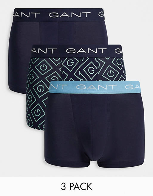 Men Underwear/GANT 3 pack trunks in navy/blue with all over logo 