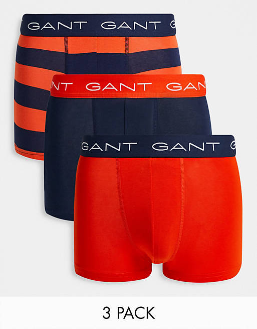 GANT 3 pack trunks in navy/orange stripe with contrasting logo waistband