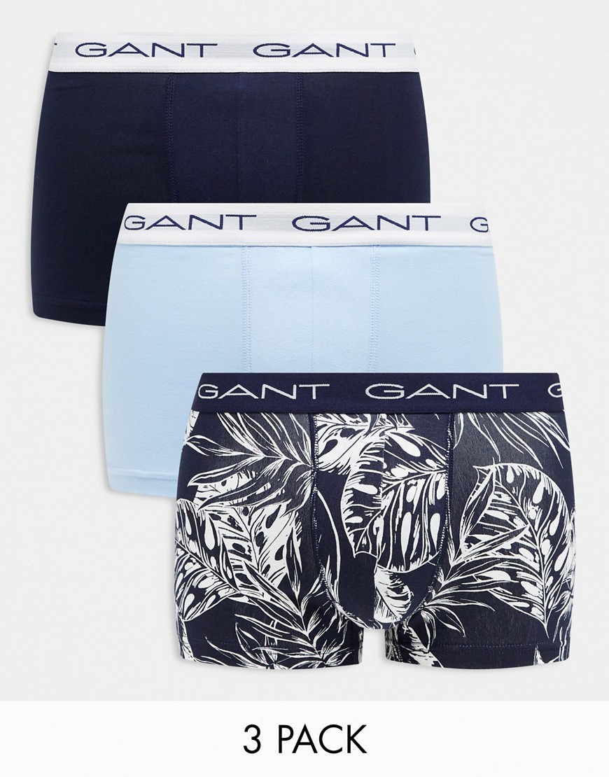 gant 3 pack trunks in navy with leaf print and contrasting logo waistband-blue