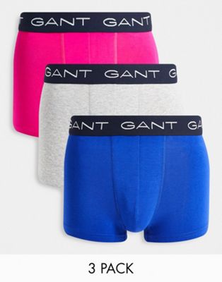 GANT 3 pack trunks with contrasting logo waistband in grey, pink and blue - ASOS Price Checker