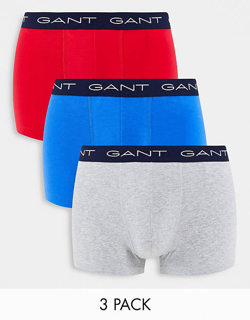 GANT 3 pack trunks with logo waistband in red/grey/blue