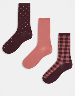 GANT - 3er-Pack Socken in Pflaume mit Punktemuster und Vichy-Karos-Rot