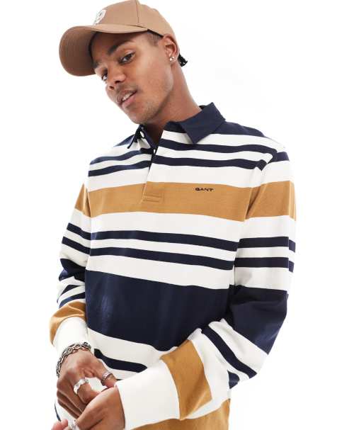 GANT 75th Anniversary Capsule striped rugby sweat with logo in navy - view 1