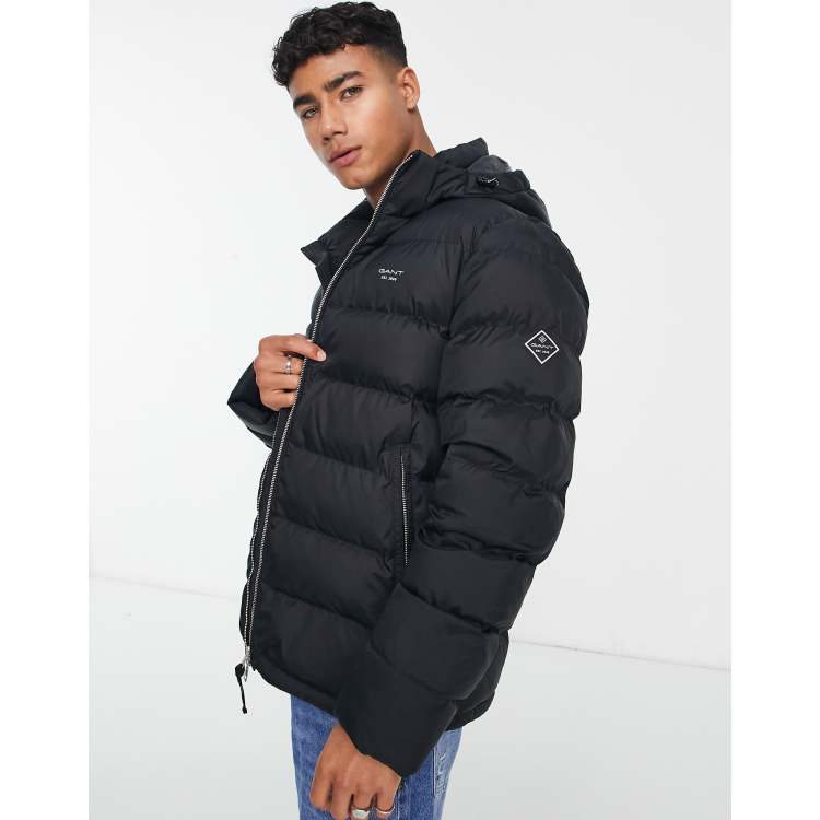 GANT Active Cloud logo hooded puffer jacket in black ASOS