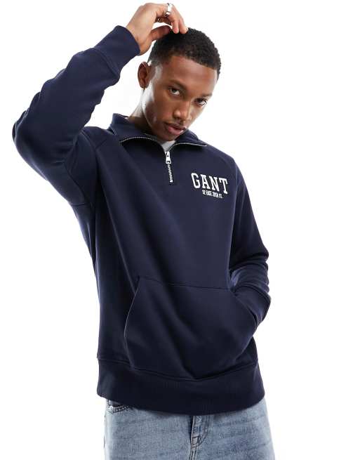 GANT arch collegiate logo half zip sweatshirt in navy ASOS