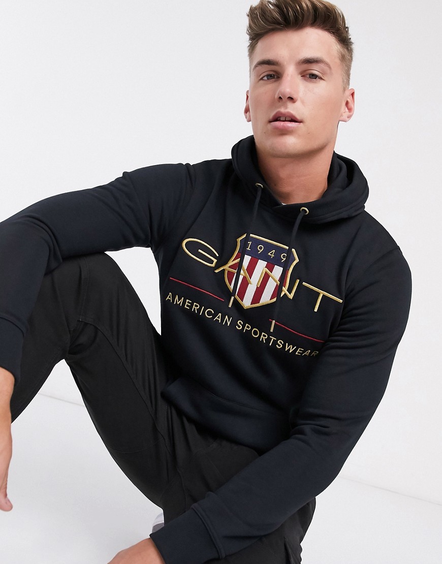 Gant archive embroidered shield logo hoodie in black