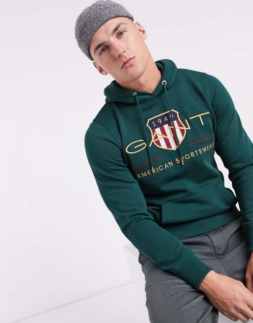 Gant archive embroidered shield logo hoodie in tartan green