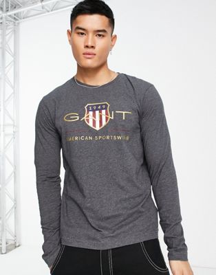 GANT archive shield logo long sleeve top in charcoal marl - ASOS Price Checker