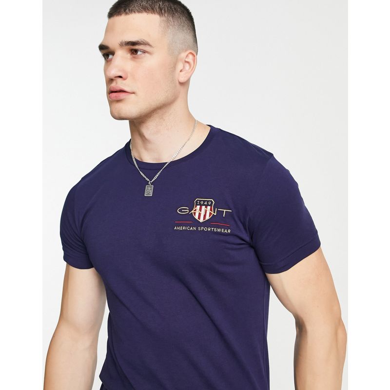 Uomo  GANT - Archive - T-shirt slim blu navy con logo ricamato con stemma