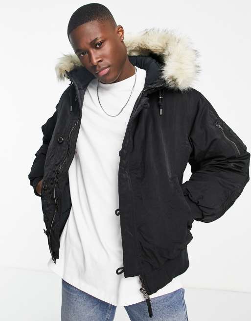 GANT arctic faux-fur trim hood bomber jacket in black | ASOS