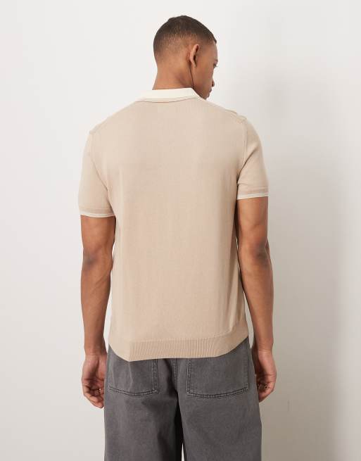GANT – Beige, stickad pikétröja med korta ärmar, logga och kantrand, 3 av 4