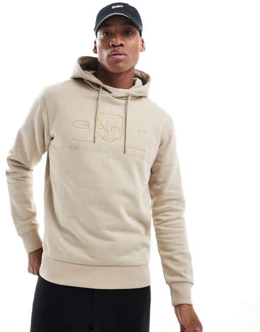 GANT – Beżowa bluza z kapturem i dużym logo z tarczą, 3 z 4