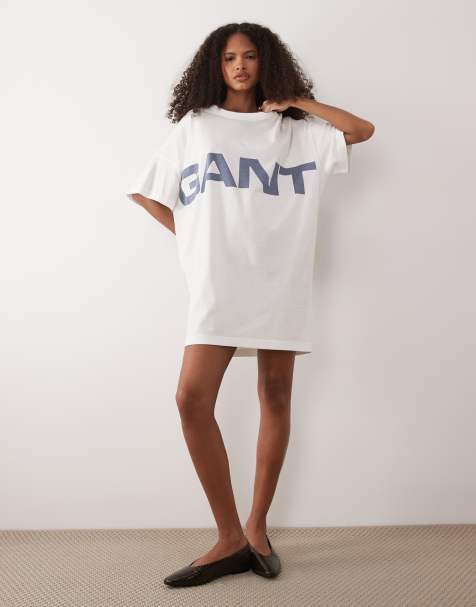 GANT chest logo oversized t-shirt dress in egghsell white